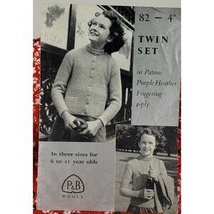 1940s Knitting Pattern Girls Sweater Cardigan Sz 6-12 Years VTG P&B #82 UK